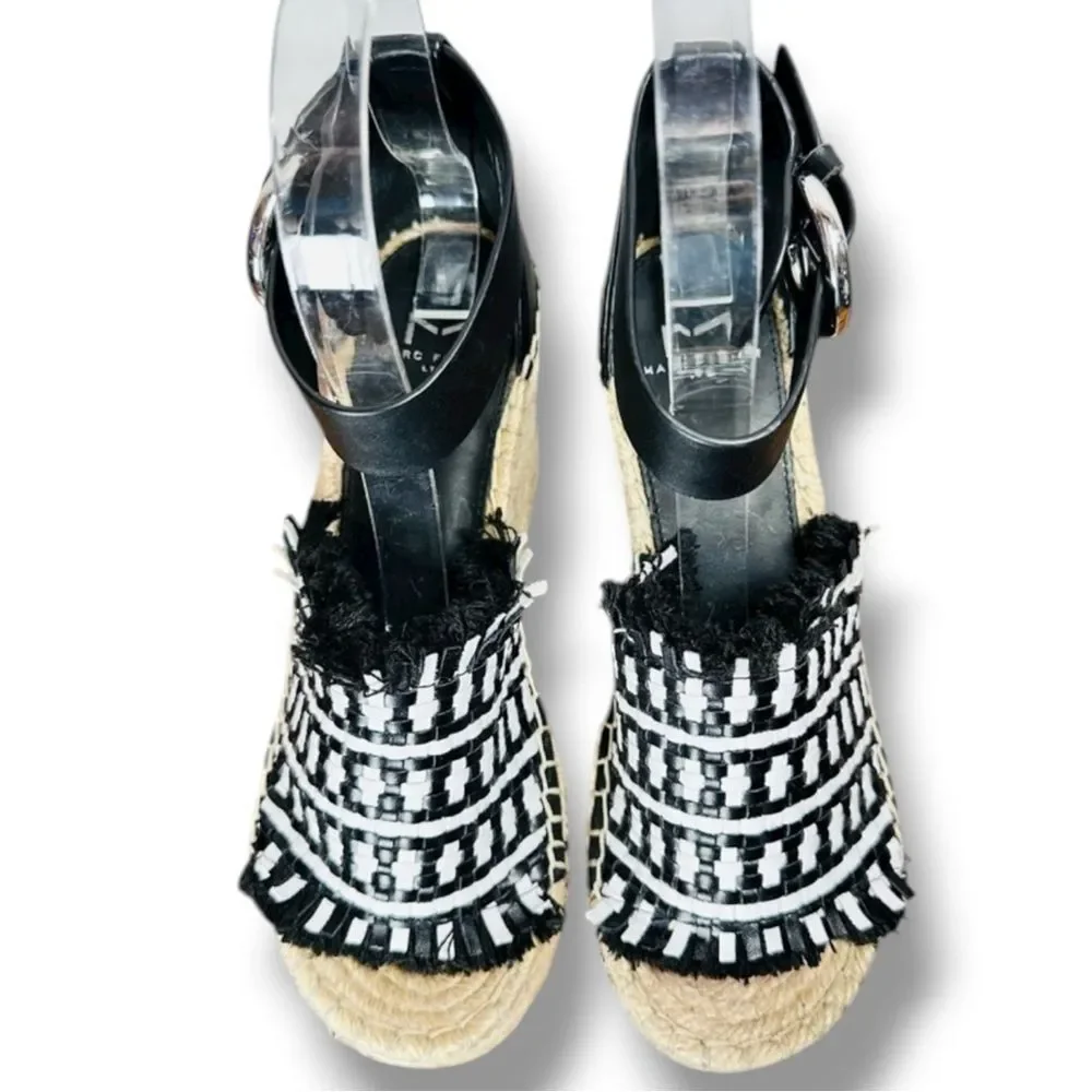 Marc Fisher Andrew Espadrille Wedge Sandals Black White Woven Platform Sz 6 Euro